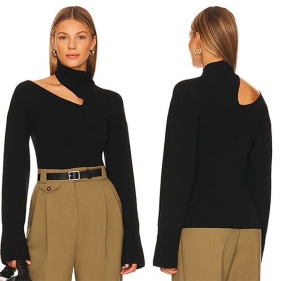 NWT A.L.C. Edith Rib Knit Turtleneck Pullover Cutout Shoulder Black Sweater - Picture 8 of 8